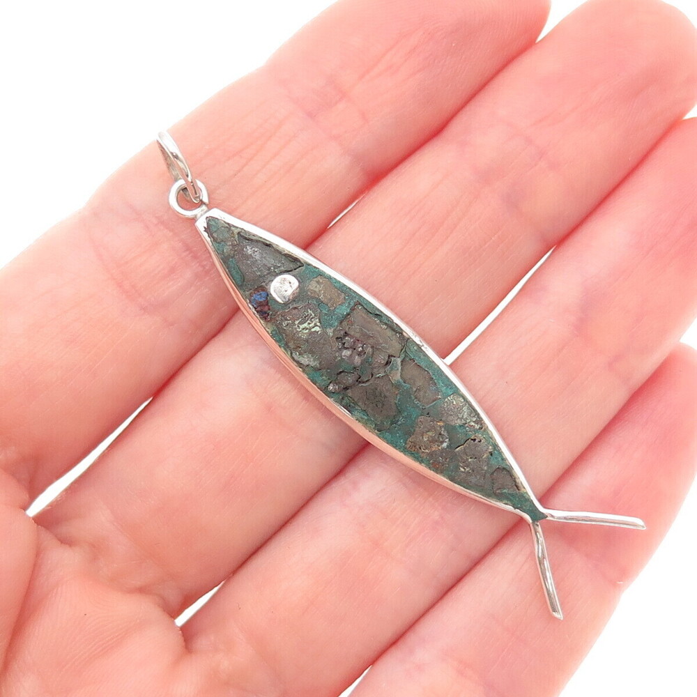 925 Sterling Silver Vintage Mexico Real Turquoise Inlay Ichthys Charm Pendant